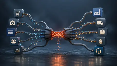 E-commerce systems connecting store, inventory, ERP, payments and fulfillment through a growing integration network.
