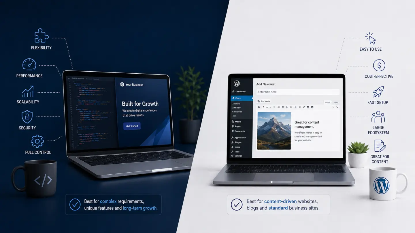 Laptop displaying a business website interface alongside WordPress and custom development concepts.