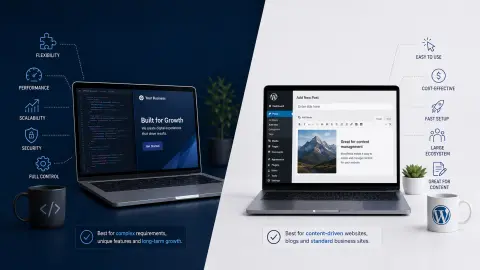 Laptop displaying a business website interface alongside WordPress and custom development concepts.