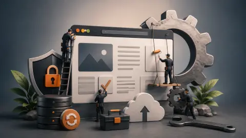 Website maintenance workflow showing monitoring, security, backups, performance checks and ongoing technical support.
