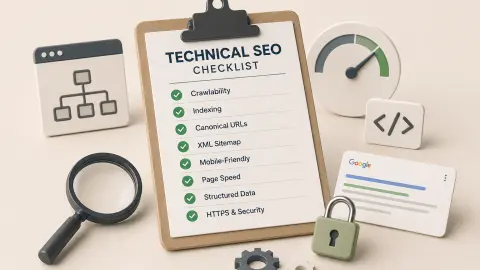 Technical SEO checklist covering website crawling, indexing, performance, structured data and search visibility.