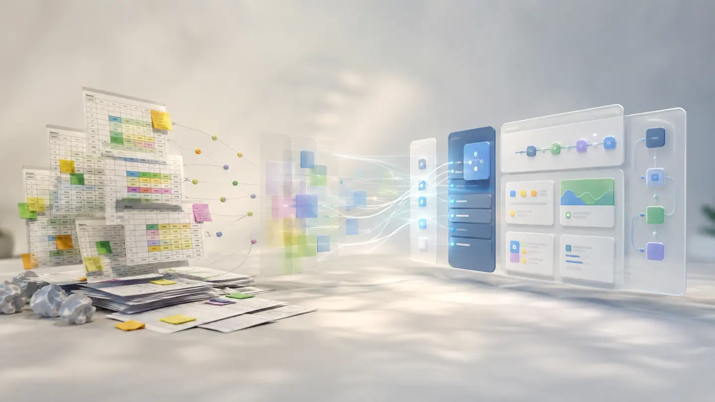 Business workflow evolving from spreadsheet-based processes into a structured custom software system