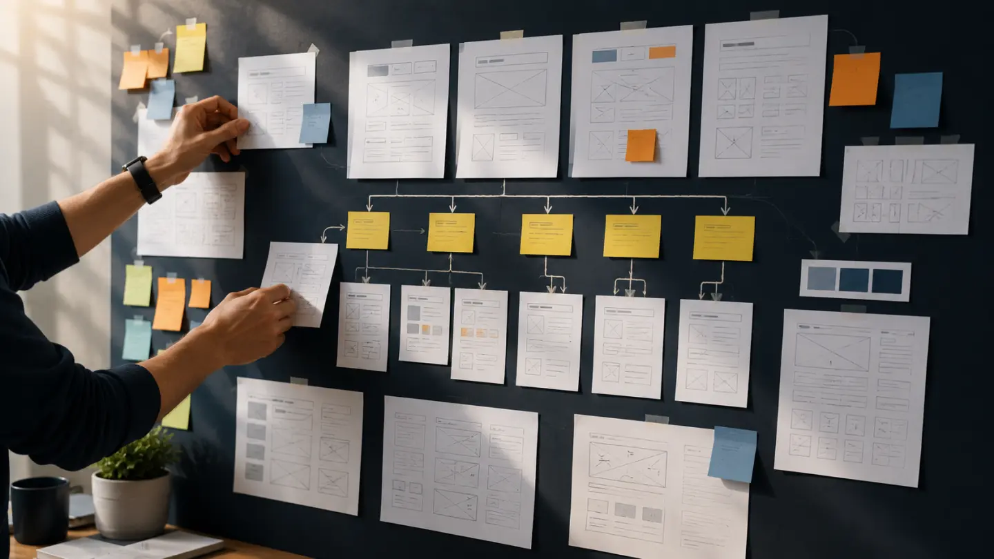 Business website planning process connecting goals, users, content, page structure and functionality before visual design begins.