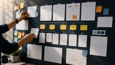 Business website planning process connecting goals, users, content, page structure and functionality before visual design begins.