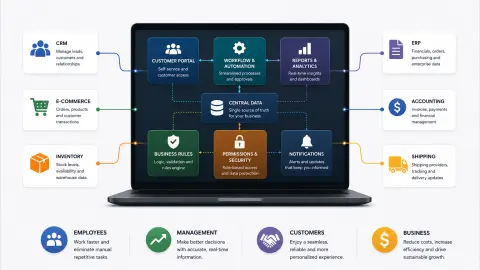 Custom business software connecting workflows, data, teams and integrations within a unified digital system.